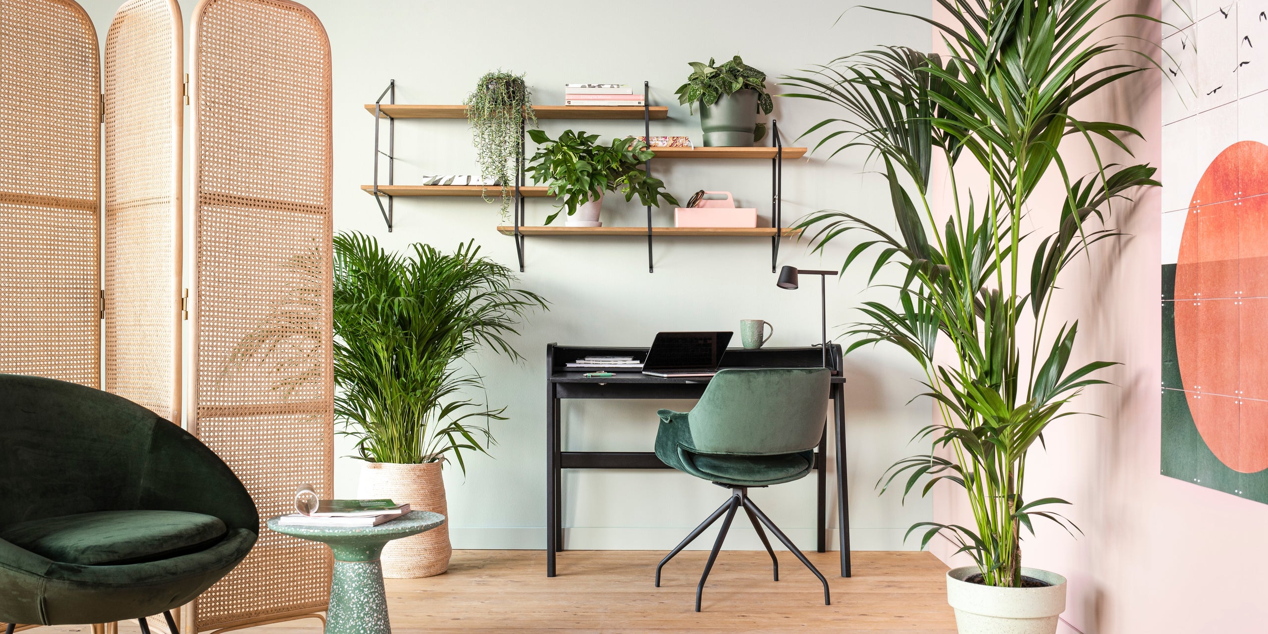 Shop de look: frisse thuiswerkplek in roze en pistachegroen