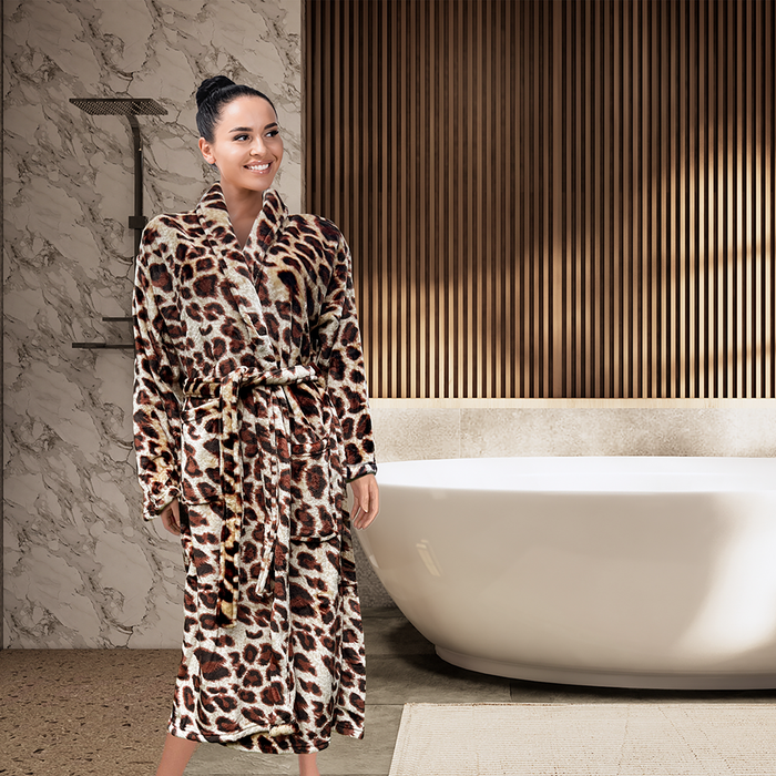 LINNICK Flanel Fleece Badjas Leopard - bruin
