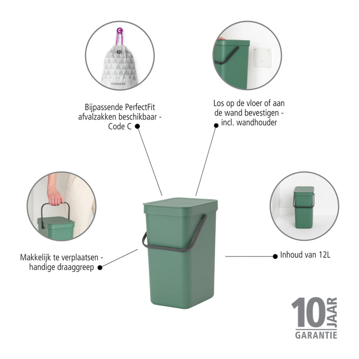 Brabantia Sort & Go Afvalemmer / Opberger 12 L - Groen