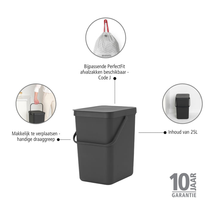 Brabantia Sort & Go Afvalemmer 25 L - Donkergrijs