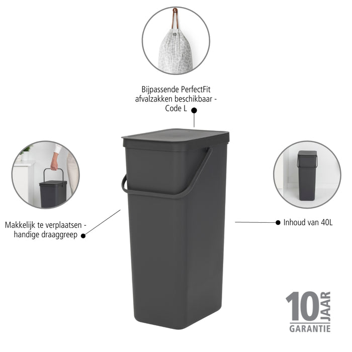 Brabantia Sort & Go Afvalemmer 40 L - Donkergrijs