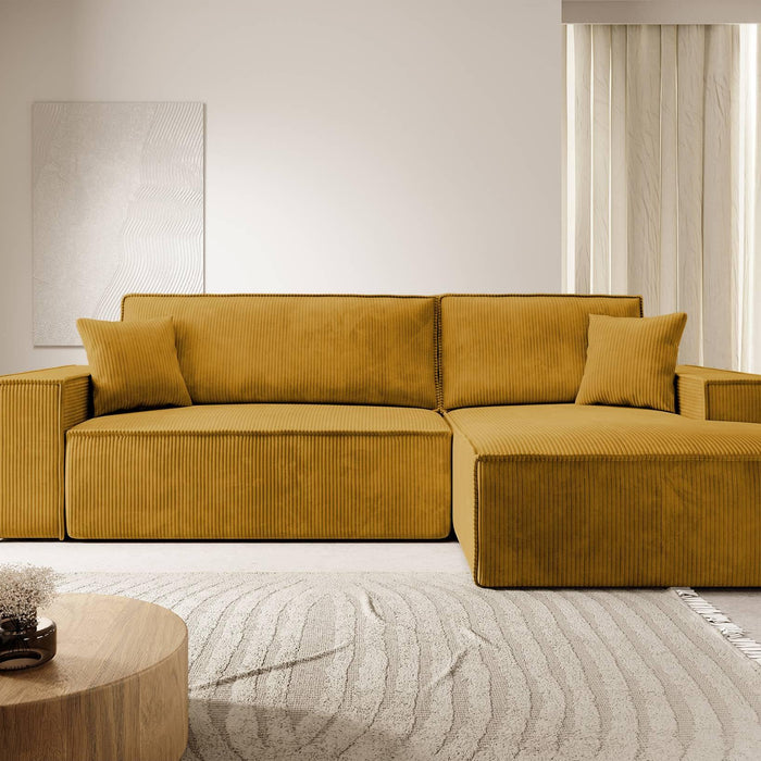 NADUVI Collection Galine Hoekbank met Chaise Longue Rechts met Slaapfunctie - Ribstof - Mosterdgeel