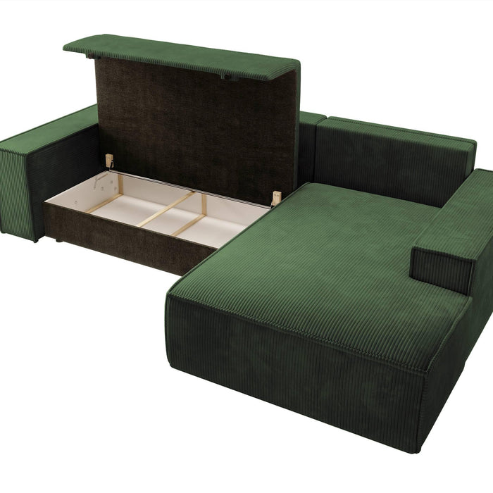 NADUVI Collection Galine Hoekbank met Chaise Longue Rechts met Slaapfunctie - Ribstof - Donkergroen
