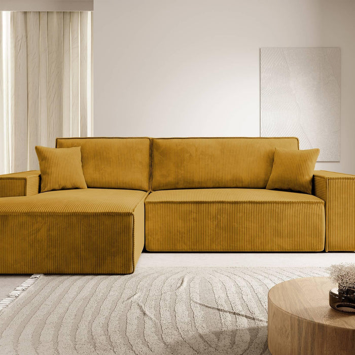 NADUVI Collection Galine Hoekbank met Chaise Longue Links met Slaapfunctie - Ribstof - Mosterdgeel