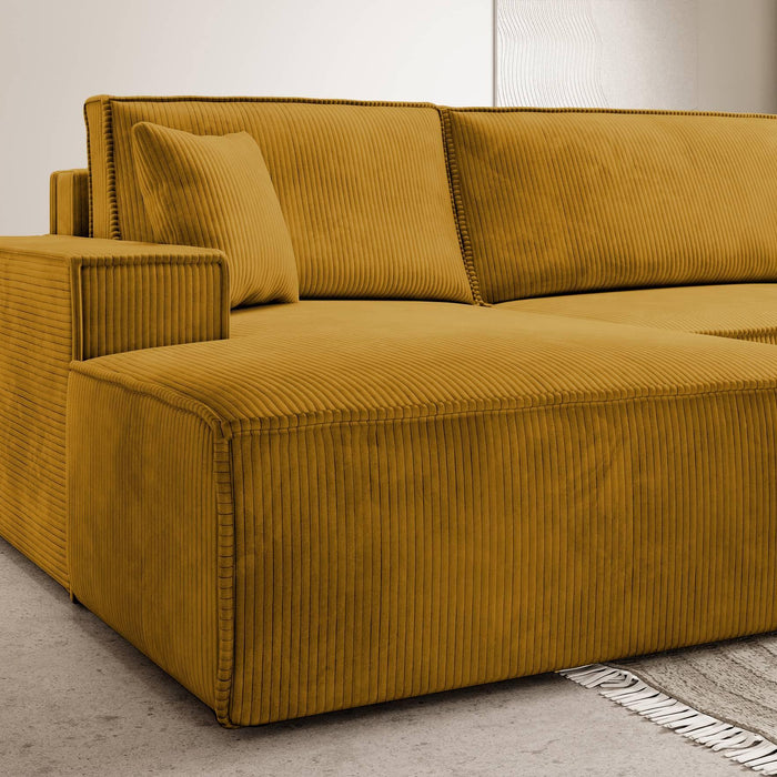 NADUVI Collection Galine Hoekbank met Chaise Longue Links met Slaapfunctie - Ribstof - Mosterdgeel