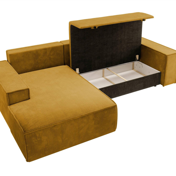 NADUVI Collection Galine Hoekbank met Chaise Longue Links met Slaapfunctie - Ribstof - Mosterdgeel