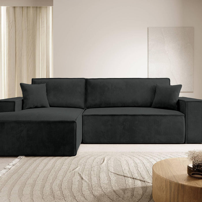 NADUVI Collection Galine Hoekbank met Chaise Longue Links met Slaapfunctie - Ribstof - Zwart