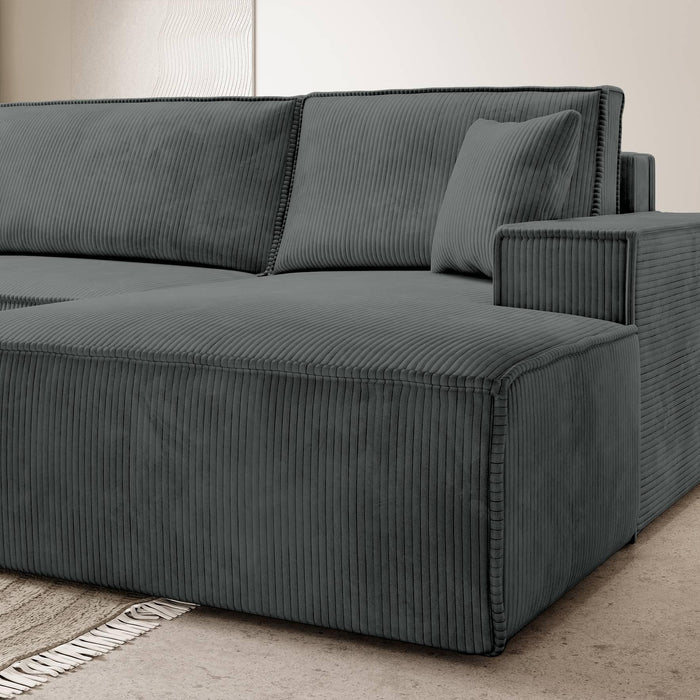 NADUVI Collection Galine Hoekbank met Chaise Longue Rechts met Slaapfunctie - Ribstof - Donkergrijs