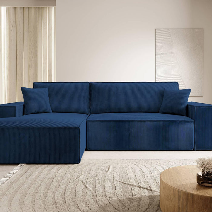 NADUVI Collection Galine Hoekbank met Chaise Longue Links met Slaapfunctie - Ribstof - Donkerblauw