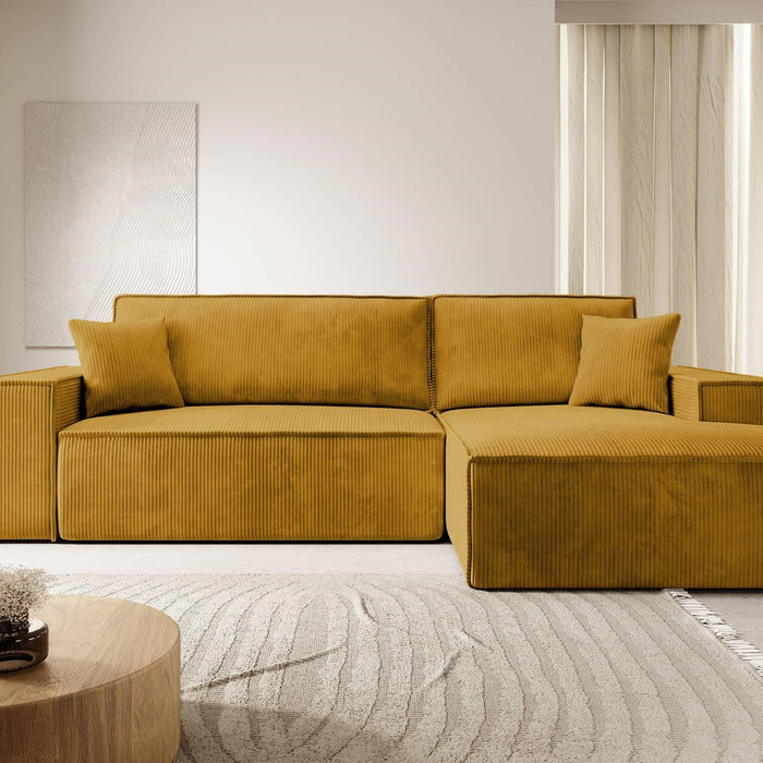 NADUVI Collection Galine Hoekbank met Chaise Longue Rechts met Slaapfunctie - Ribstof - Mosterdgeel