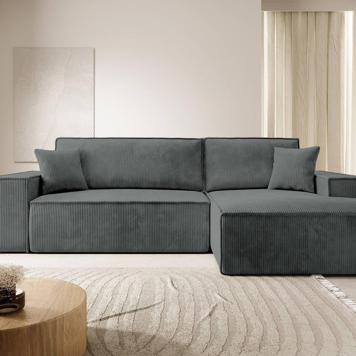 NADUVI Collection Galine Hoekbank met Chaise Longue Rechts met Slaapfunctie - Ribstof - Donkergrijs