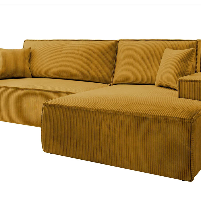 NADUVI Collection Galine Hoekbank met Chaise Longue Rechts met Slaapfunctie - Ribstof - Mosterdgeel