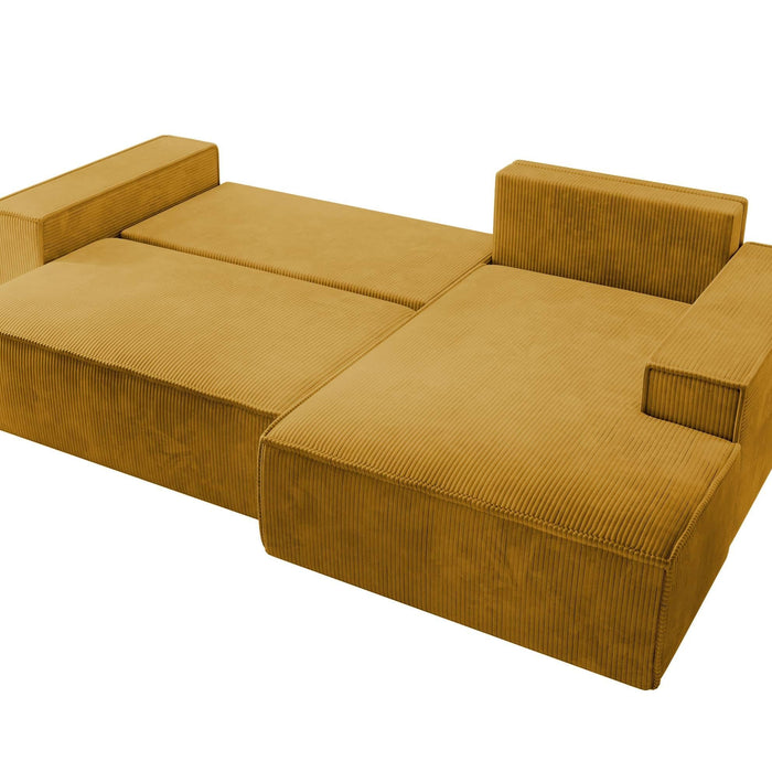 NADUVI Collection Galine Hoekbank met Chaise Longue Rechts met Slaapfunctie - Ribstof - Mosterdgeel