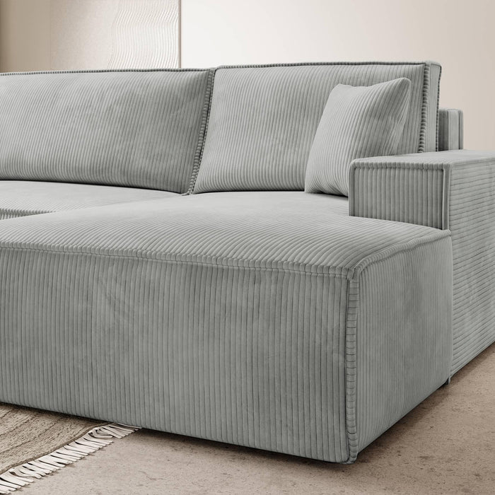 NADUVI Collection Galine Hoekbank met Chaise Longue Rechts met Slaapfunctie - Ribstof - Lichtgrijs