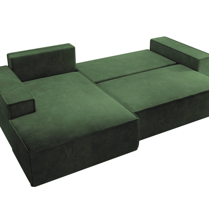 NADUVI Collection Galine Hoekbank met Chaise Longue Links met Slaapfunctie - Ribstof - Donkergroen