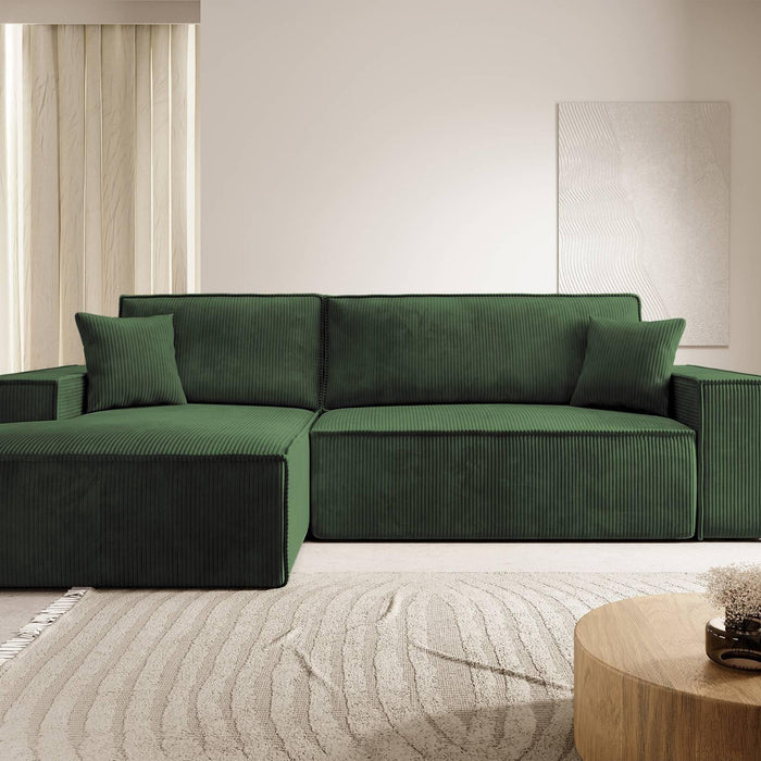 NADUVI Collection Galine Hoekbank met Chaise Longue Links met Slaapfunctie - Ribstof - Donkergroen