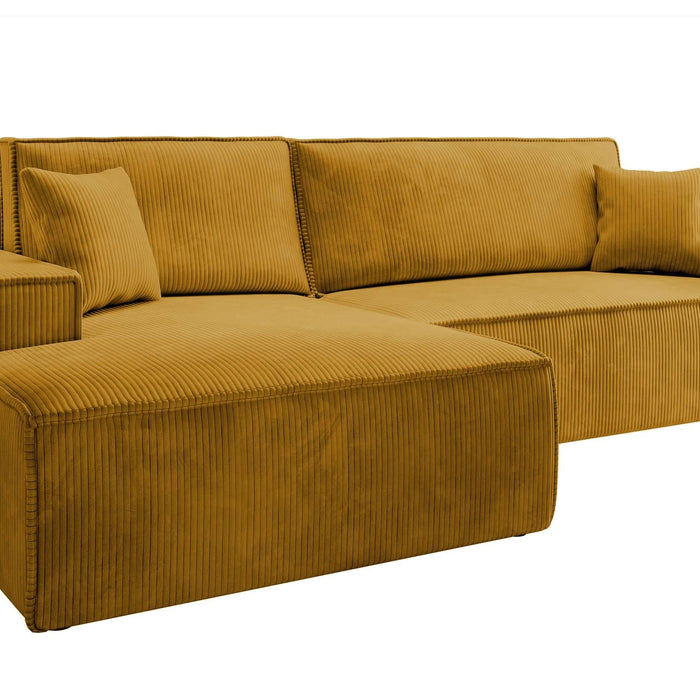 NADUVI Collection Galine Hoekbank met Chaise Longue Links met Slaapfunctie - Ribstof - Mosterdgeel