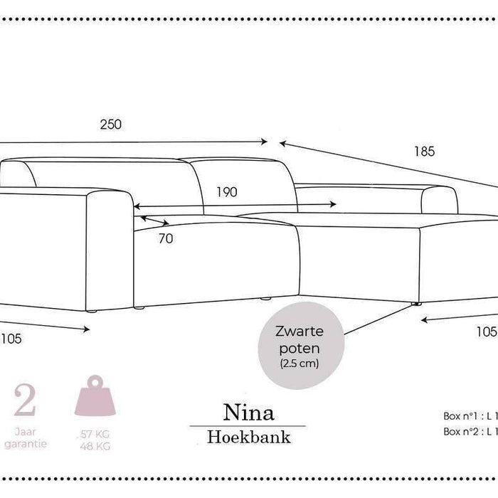 NADUVI Collection Nina Hoekbank Rechts - Ribstof - Donkergrijs