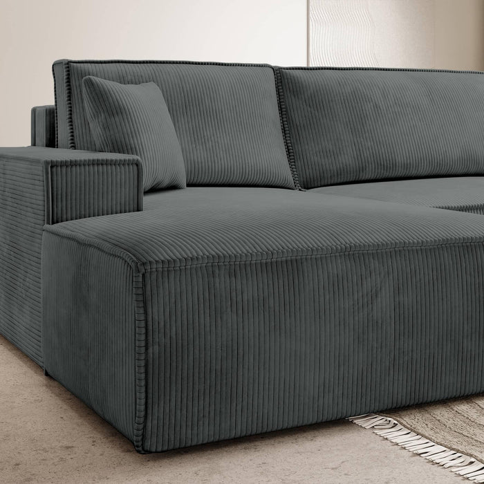 NADUVI Collection Galine Hoekbank met Hoekbank met Chaise Longue Links met Slaapfunctie - Ribstof - Donkergrijs