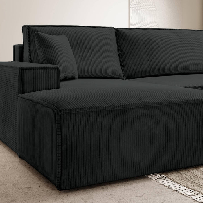 NADUVI Collection Galine Hoekbank met Chaise Longue Links met Slaapfunctie - Ribstof - Zwart