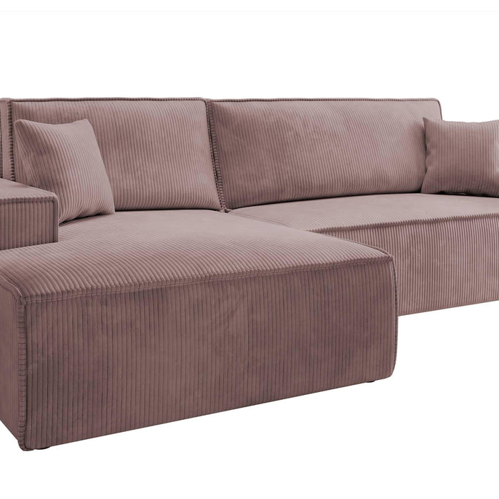 NADUVI Collection Galine Hoekbank met Chaise Longue Links met Slaapfunctie - Ribstof - Roze