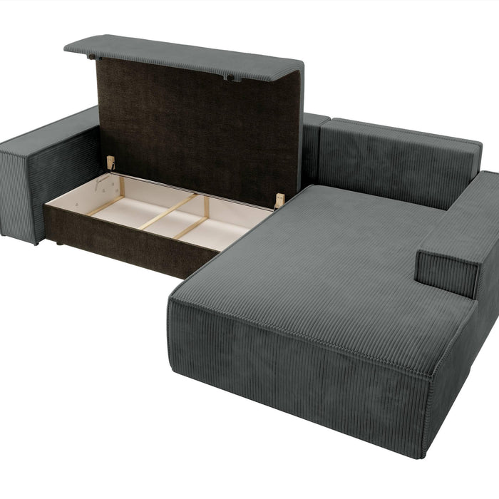 NADUVI Collection Galine Hoekbank met Chaise Longue Rechts met Slaapfunctie - Ribstof - Donkergrijs