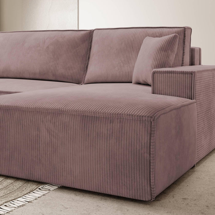 NADUVI Collection Galine Hoekbank met Chaise Longue Rechts met Slaapfunctie - Ribstof - Roze